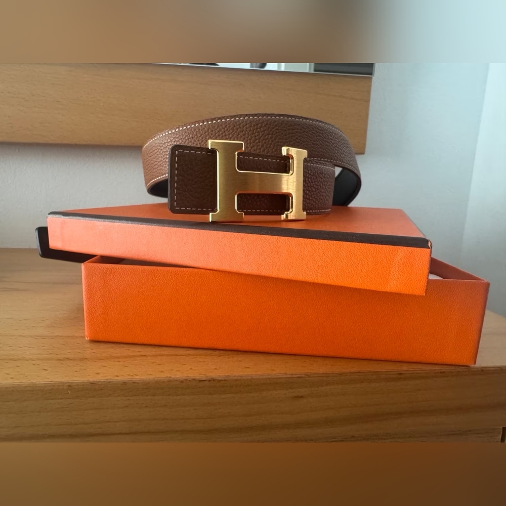 Hermes Gold H Buckle Leather Belt Black Brown Double Sided